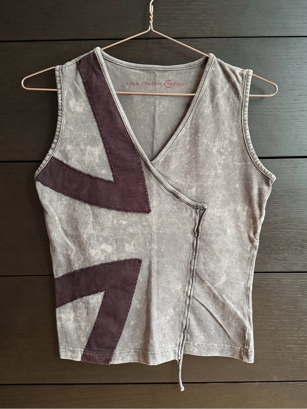 Vintage Fake London Genius, Faded Gray Sleeveless Tank with Plum Appliqué